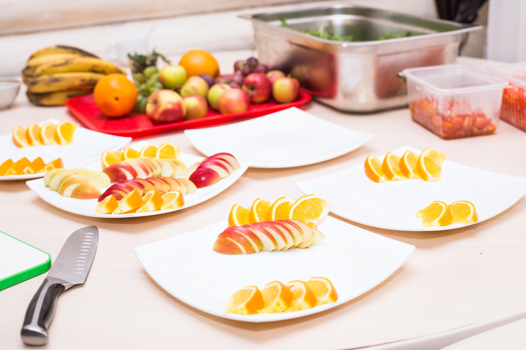 preparation station with plated appetizers